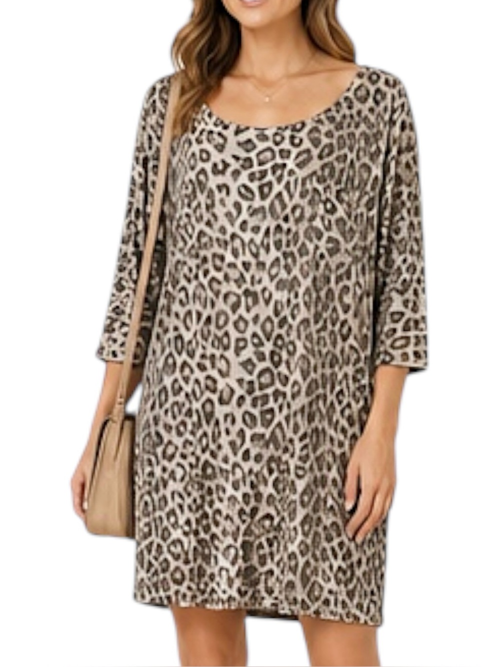 Joie XS Leopard Print Shift Dress 3/4 Sleeve Rayon Oversized Animal Print Brown